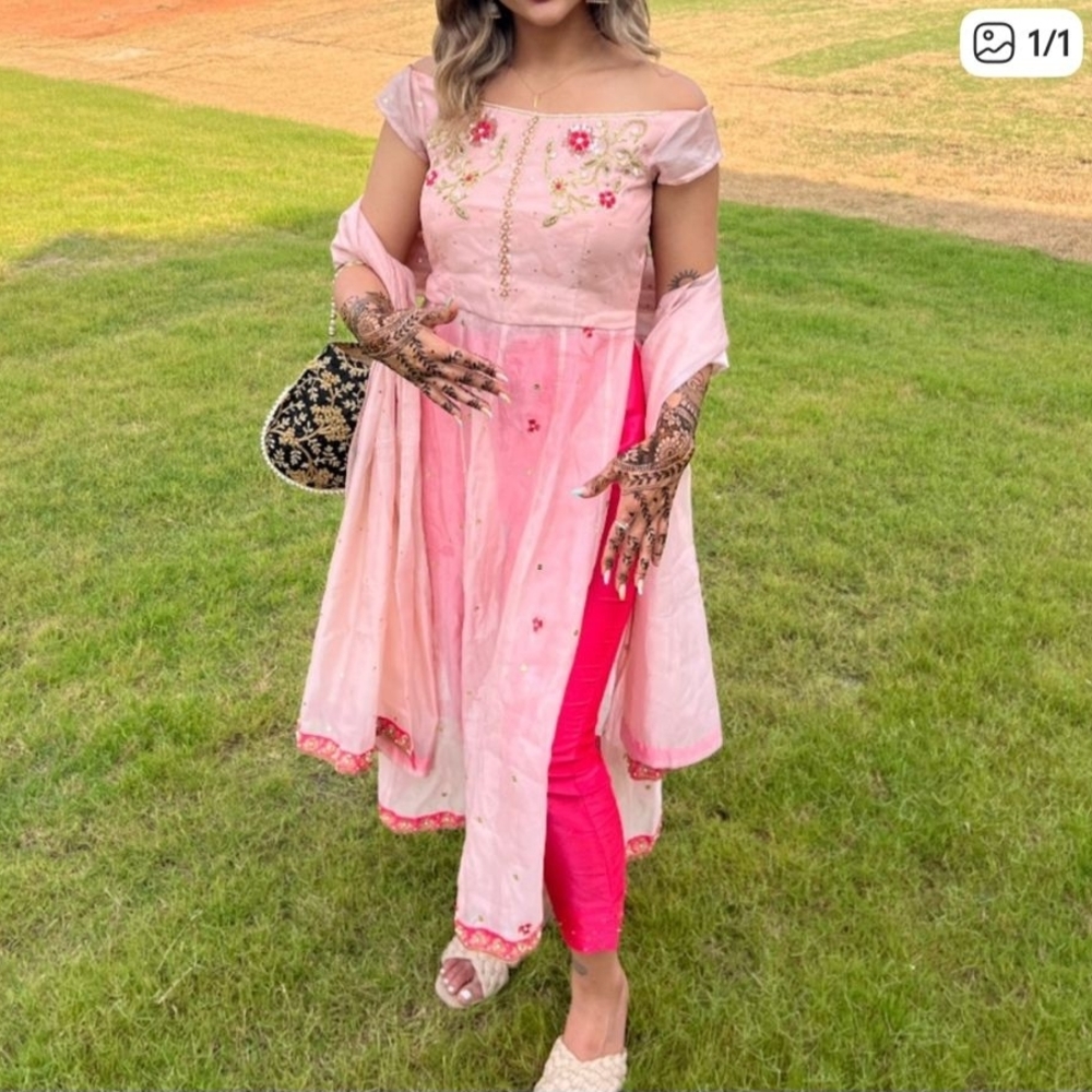 Pink Embroidered Off-Shoulder Anarkali with Dupatta
